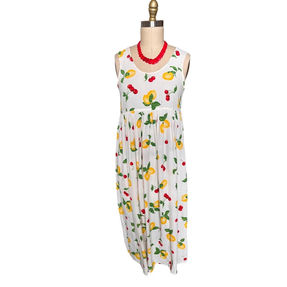 Jones New York Vintage Print Sleeveless Empire Maxi Dress Size M Lemon Cherry